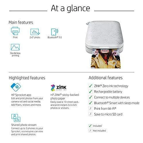 HP Sprocket Portable 2x3" Instant Photo Printer (Luna Pearl) Print Pictures on Zink Sticky-Backed Paper From Your iOS & Android Device