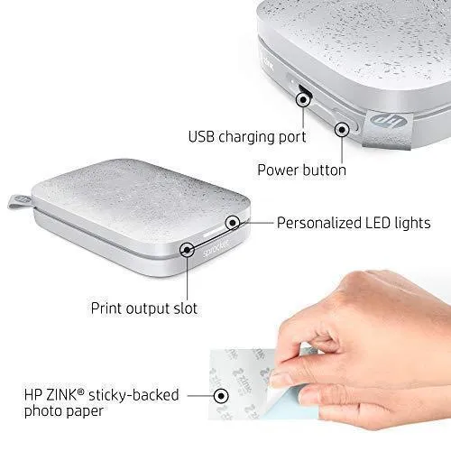 HP Sprocket Portable 2x3" Instant Photo Printer (Luna Pearl) Print Pictures on Zink Sticky-Backed Paper From Your iOS & Android Device