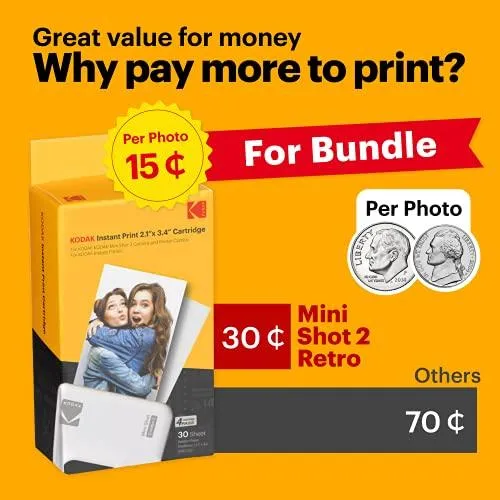 Kodak Mini Shot 2 Retro | 68-Sheet Bundle | Portable Wireless Instant Camera & Photo Printer, Compatible with iOS & Android and Bluetooth Devices, Real Photo (2.1x3.4) 4Pass Technology - Yellow