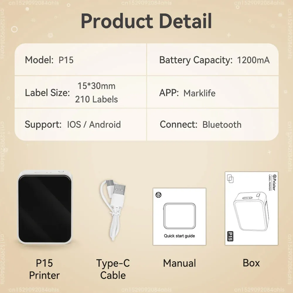 Mini Thermal Printer P15 Portable Bluetooth Label Printer Adhesive Sticker Inkless Labeling Machine with Thermal Paper