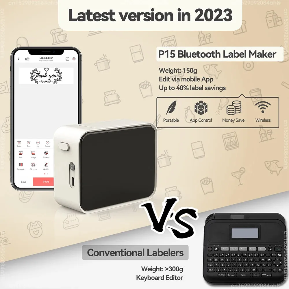 Mini Thermal Printer P15 Portable Bluetooth Label Printer Adhesive Sticker Inkless Labeling Machine with Thermal Paper