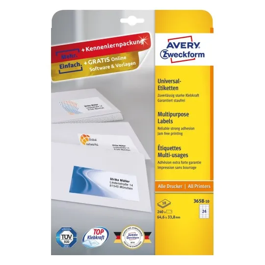 Multipurpose General-use Labelswith ultragrip, 64.6 x 33.8 mm, Colour Laser, Inkjet, Copier, B/W Laser, A4