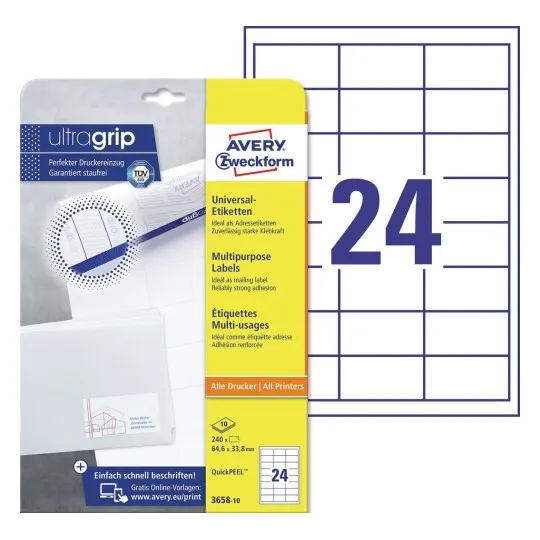 Multipurpose General-use Labelswith ultragrip, 64.6 x 33.8 mm, Colour Laser, Inkjet, Copier, B/W Laser, A4