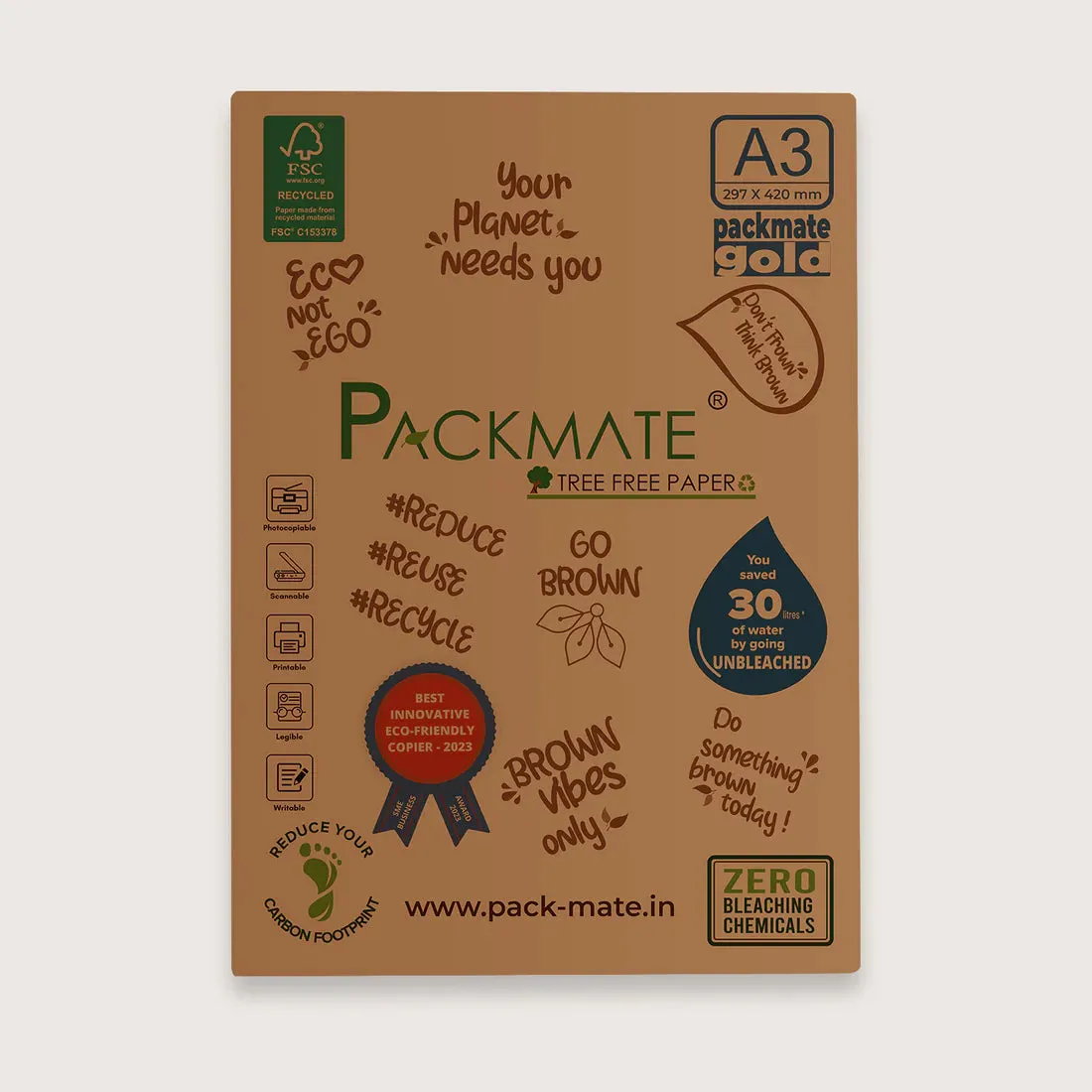 Packmate Gold Copier - A3, 1 Ream, 500 Sheet |  Made From 100% Recycled Paper