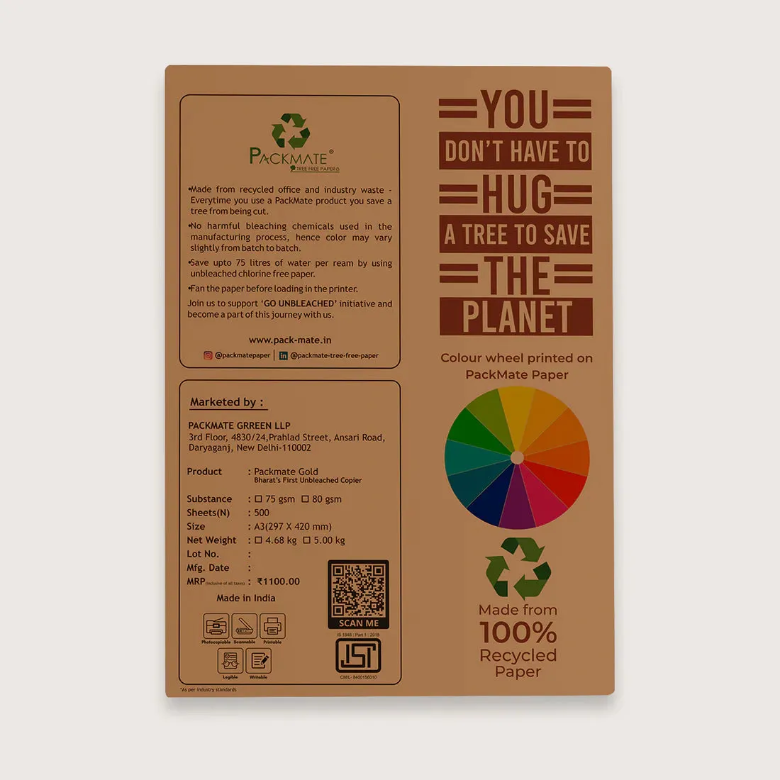 Packmate Gold Copier - A3, 1 Ream, 500 Sheet |  Made From 100% Recycled Paper