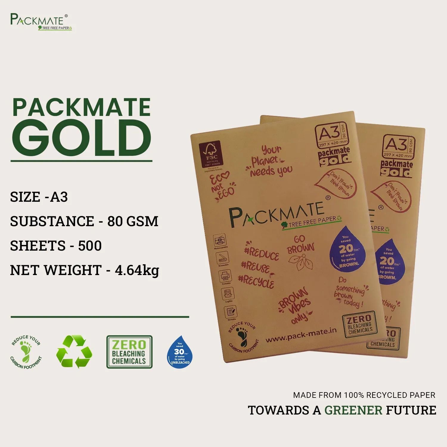 Packmate Gold Copier - A3, 1 Ream, 500 Sheet |  Made From 100% Recycled Paper