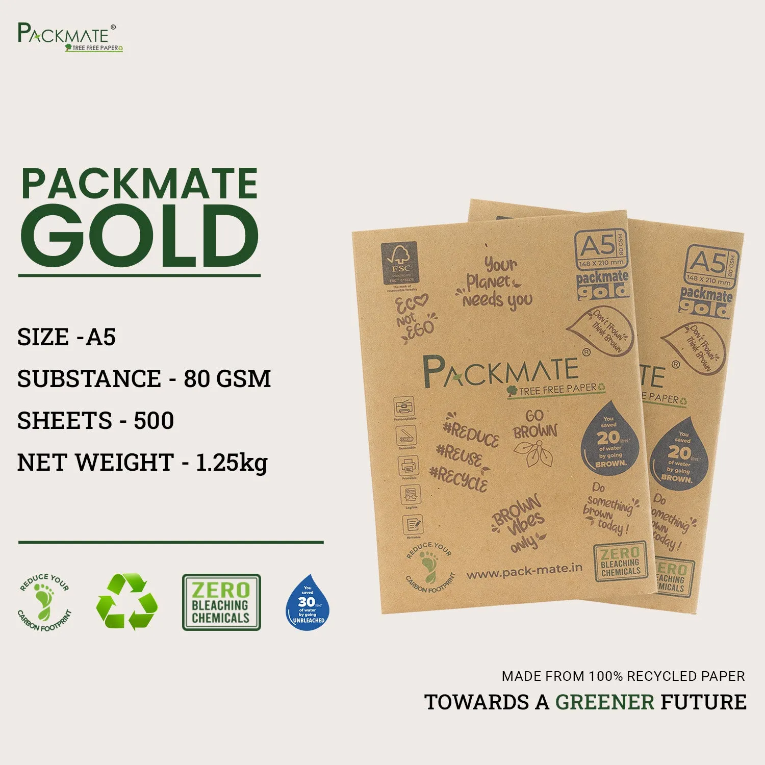 Packmate Gold Copier - A5, 1 Ream, 500 Sheet (Pack of 2)  Made From 100% Recycled Paper