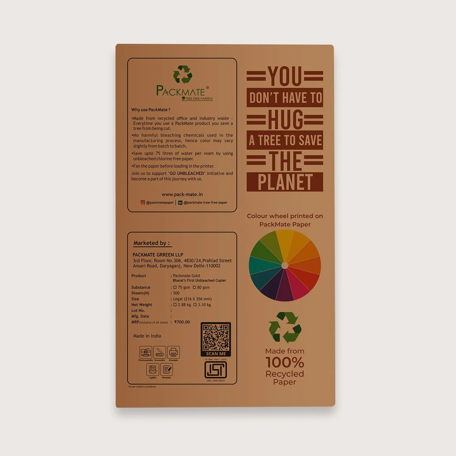Packmate Gold Copier - Legal,1 Ream, 500 Sheet |  Made From 100% Recycled Paper
