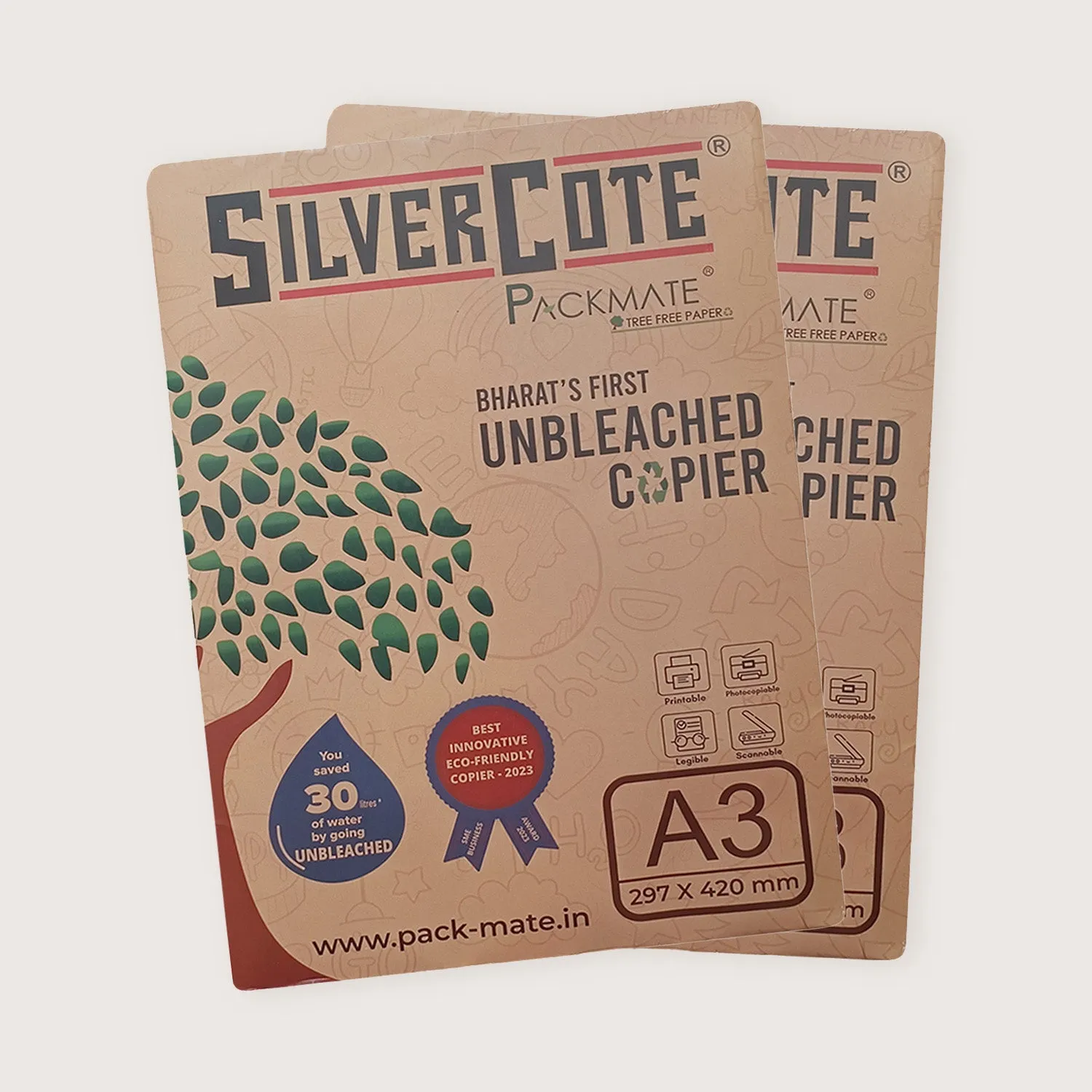 Packmate Silvercote Copier - A3, 1 Ream, 500 Sheet |  Made From 100% Recycled Paper