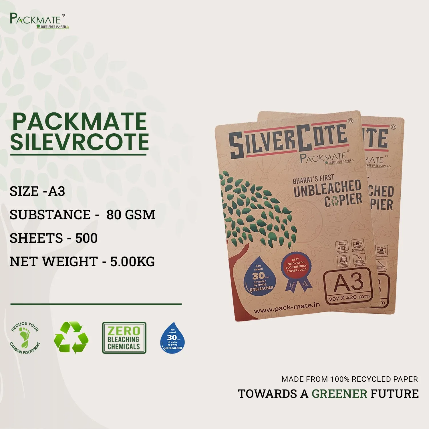 Packmate Silvercote Copier - A3, 1 Ream, 500 Sheet |  Made From 100% Recycled Paper