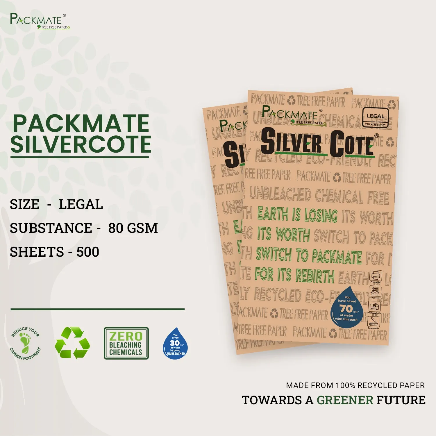 Packmate Silvercote Copier - Legal,1 Ream, 500 Sheet |  Made From 100% Recycled Paper (Copy)