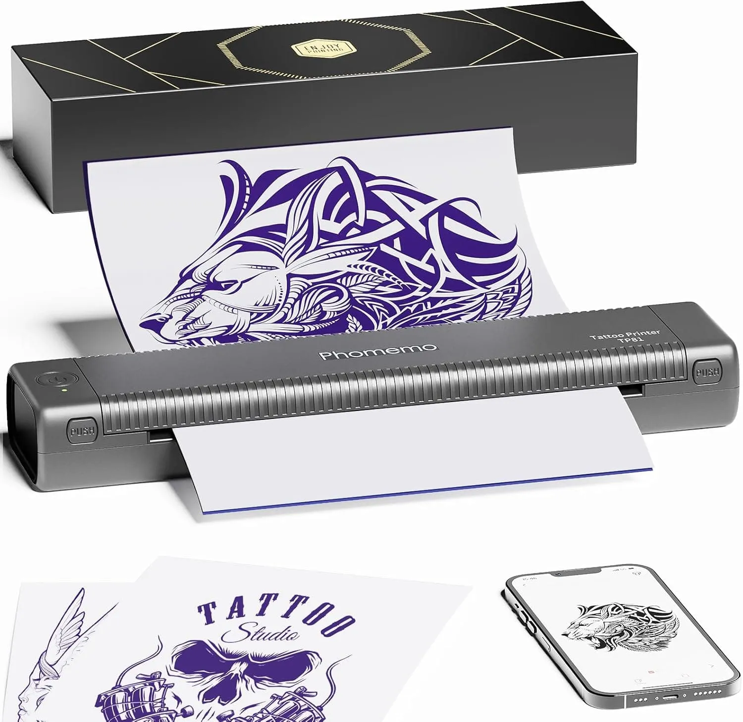 Phomemo New Tattoo Printer TP81, Tattoo Stencils Printer with 10 Tattoo Stencil Papers, Wireless Bluetooth Thermal Tattoo Printer Transfer Machine Compatible with Smart phone iPad & PC, Tablet, Gray