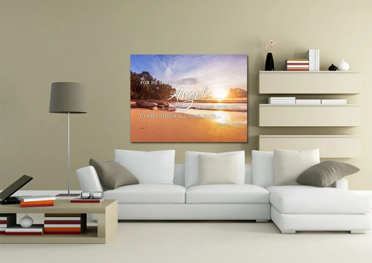 Psalm 9111 Angels Charge Over You & Beach Sunrise Wall Art - Christian Canvas Wall Art