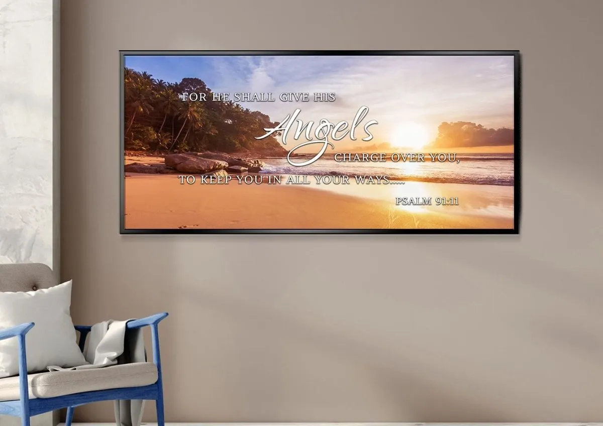Psalm 9111 Angels Charge Over You & Beach Sunrise Wall Art - Christian Canvas Wall Art