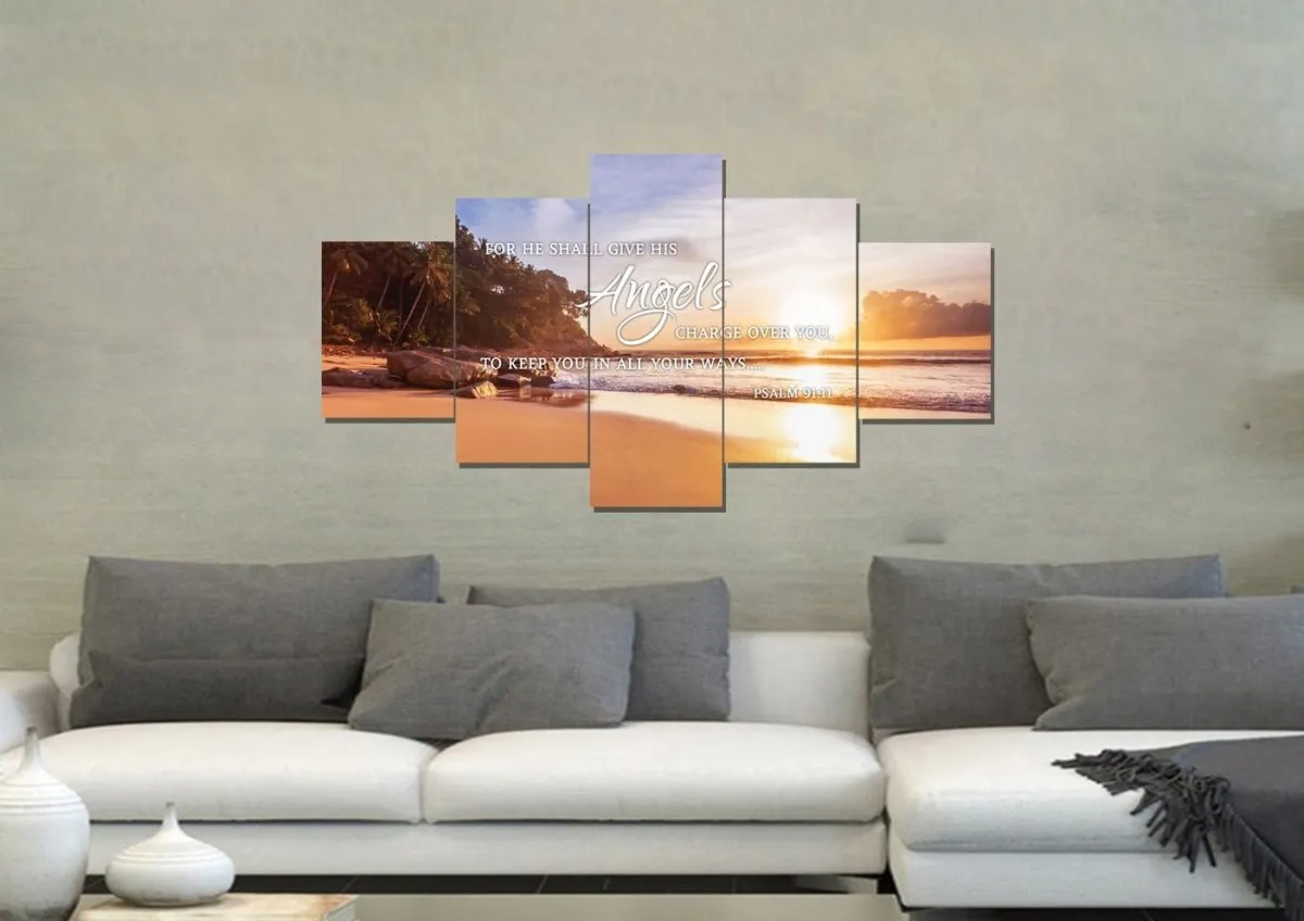 Psalm 9111 Angels Charge Over You & Beach Sunrise Wall Art - Christian Canvas Wall Art