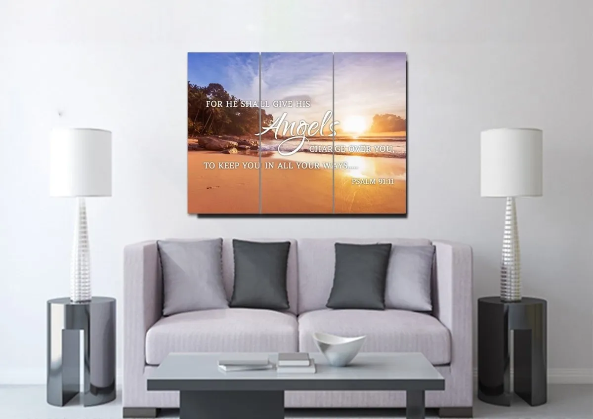 Psalm 9111 Angels Charge Over You & Beach Sunrise Wall Art - Christian Canvas Wall Art