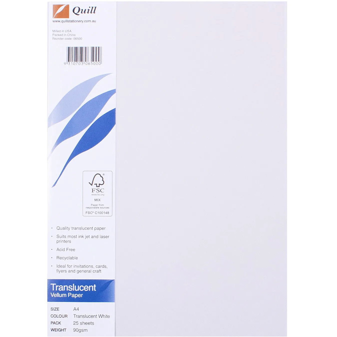 Quill Vellum Translucent Paper A4 White Pack 25