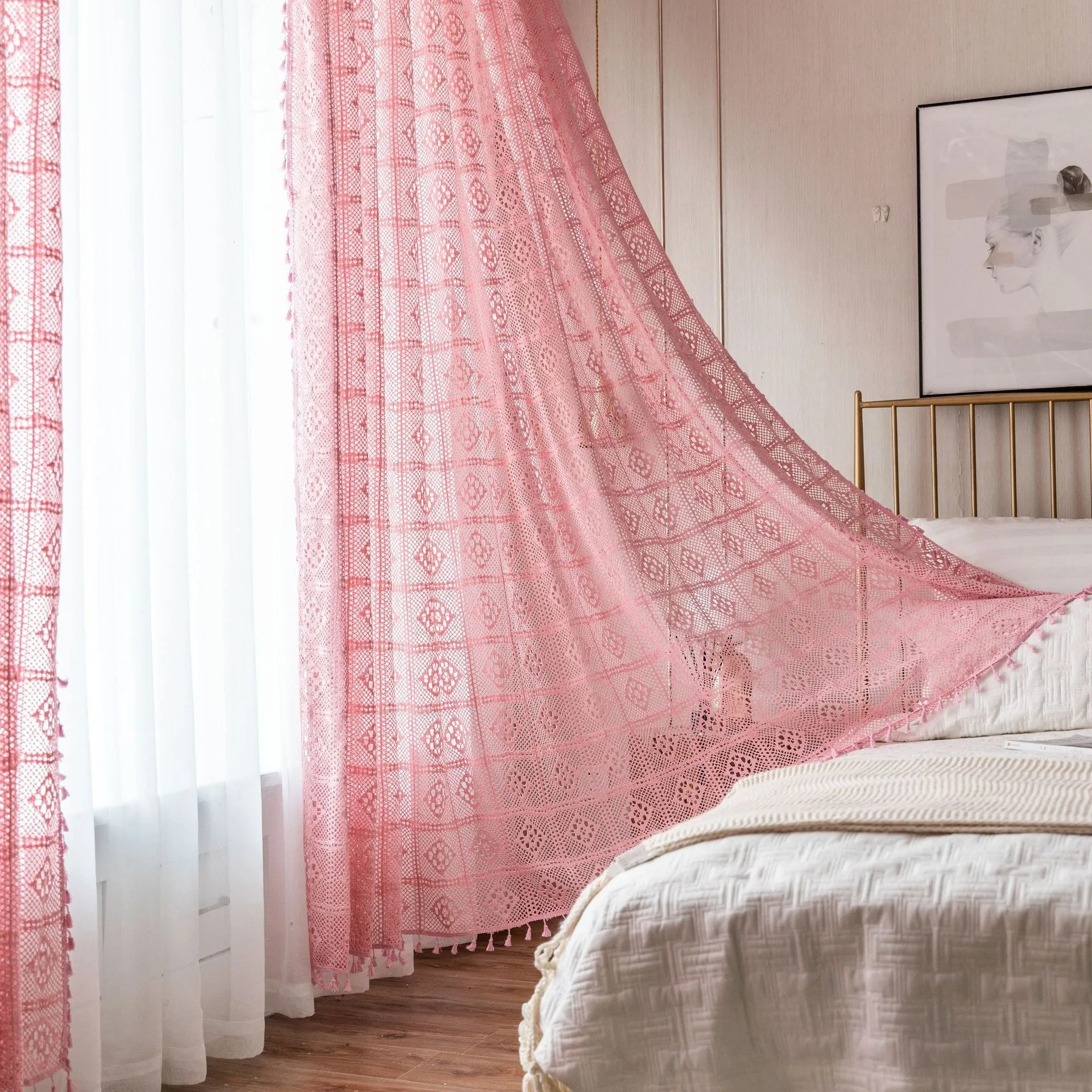 Raquel Pink Crochet Hollow Knitting Sheer Custom Curtain