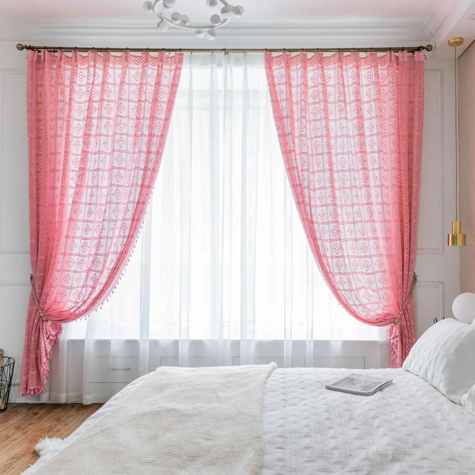 Raquel Pink Crochet Hollow Knitting Sheer Custom Curtain