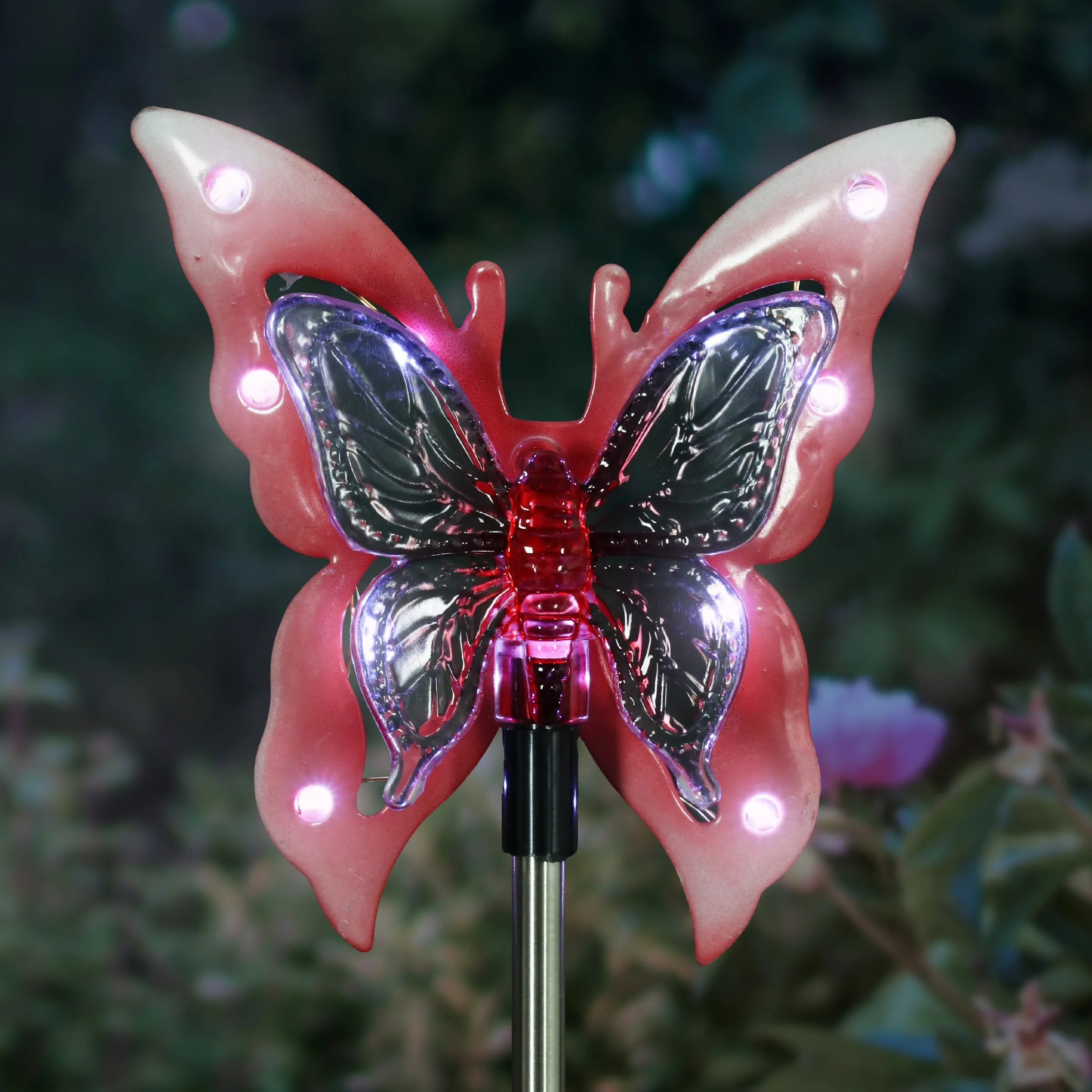 Solar Acrylic and Metal Pink Butterfly Garden Stake with Twelve LED Lights, 4 by 34 Inches