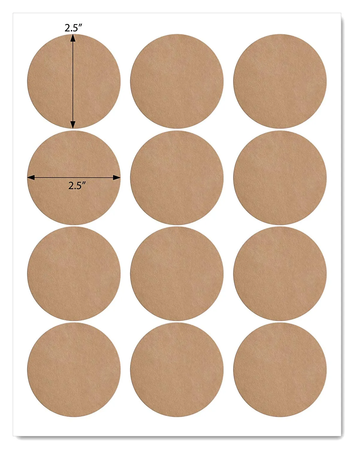 Textured Brown Kraft 2.5 inch Diameter Circle Labels for Laser and Inkjet Printers with Template and Printing Instructions, 5 Sheets, 60 Labels (BK25)