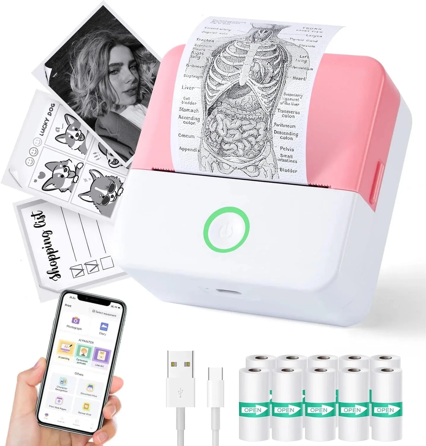 Thermal Mini Printer, Portable Inkless Sticker Maker, Bluetooth Printer for Phone, Wireless Label Printer with Tape, Free Cut Small Pocket Printer for Notes&Children DIY, Compatible with Ios&Android