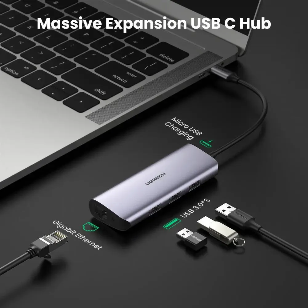 UGREEN 60718 USB C Hub Type C to 3 Port USB 3.0 Dock with Gigabit Ethernet Adapter Micro USB Power