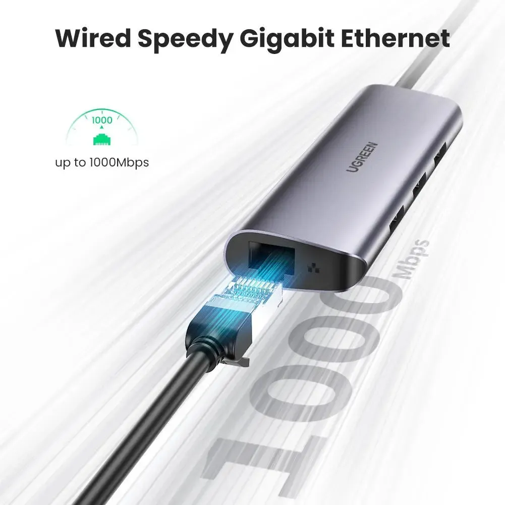 UGREEN 60718 USB C Hub Type C to 3 Port USB 3.0 Dock with Gigabit Ethernet Adapter Micro USB Power