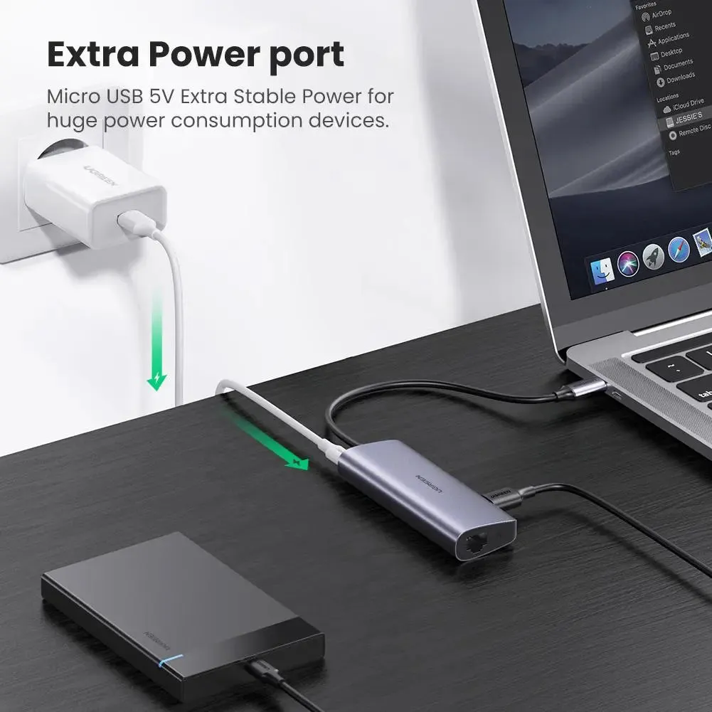 UGREEN 60718 USB C Hub Type C to 3 Port USB 3.0 Dock with Gigabit Ethernet Adapter Micro USB Power