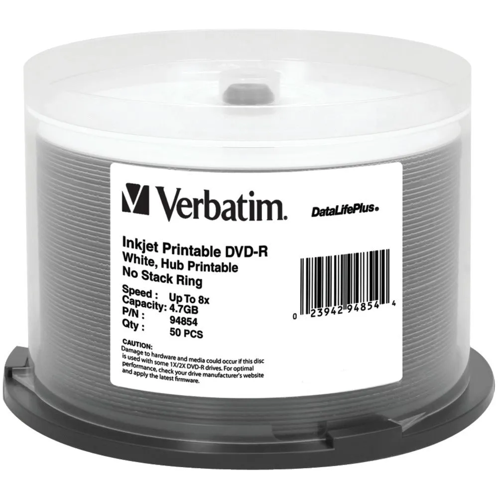 VERBATIM 94854 4.7GB 8x DataLifePlus(R) White Inkjet Printable/Hub Printable DVD-Rs, 50-ct Spindle