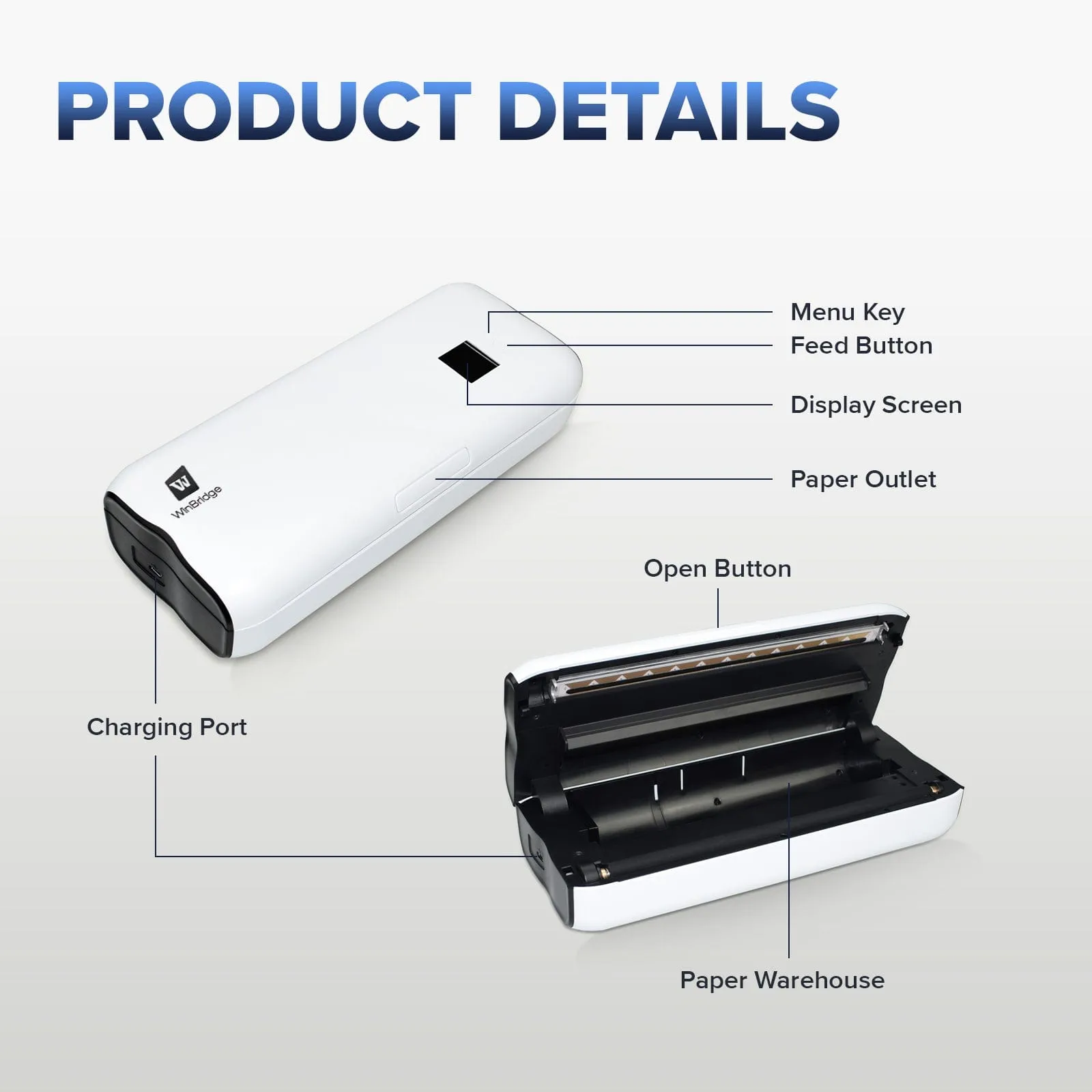 WinBridge Portable Bluetooth Mini Printer Support A4&A5 Thermal Paper, Compatible with iOS, Android & Laptop for Office, Home, School